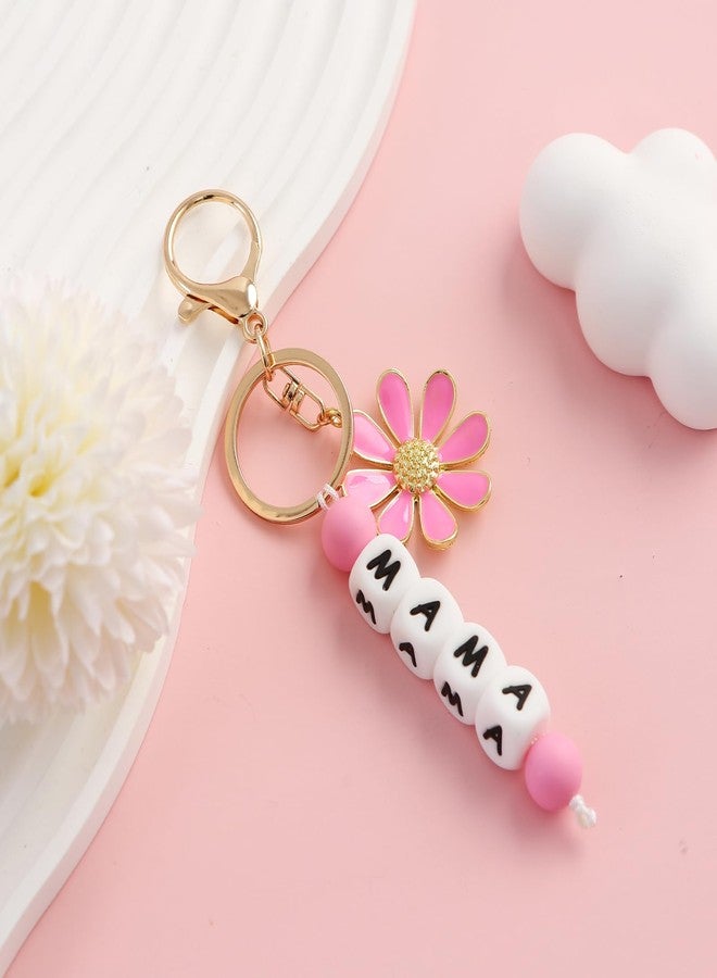 Fancheer Silicone Beaded MAMA Keychain for Mom Women Flower Pendant Key Chain Baby Shower Mother Gift Pink - Image 4